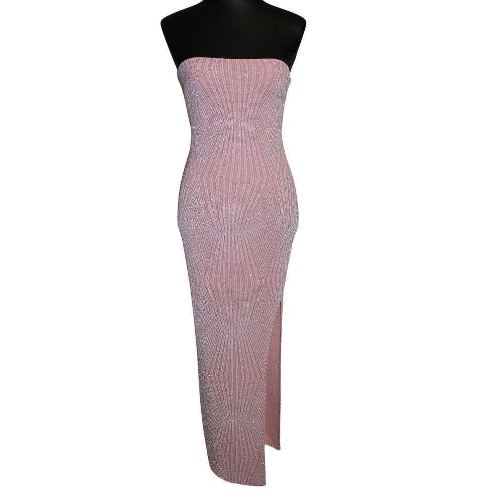 Pink glitter strapless maxi dress with side cutout and high slit